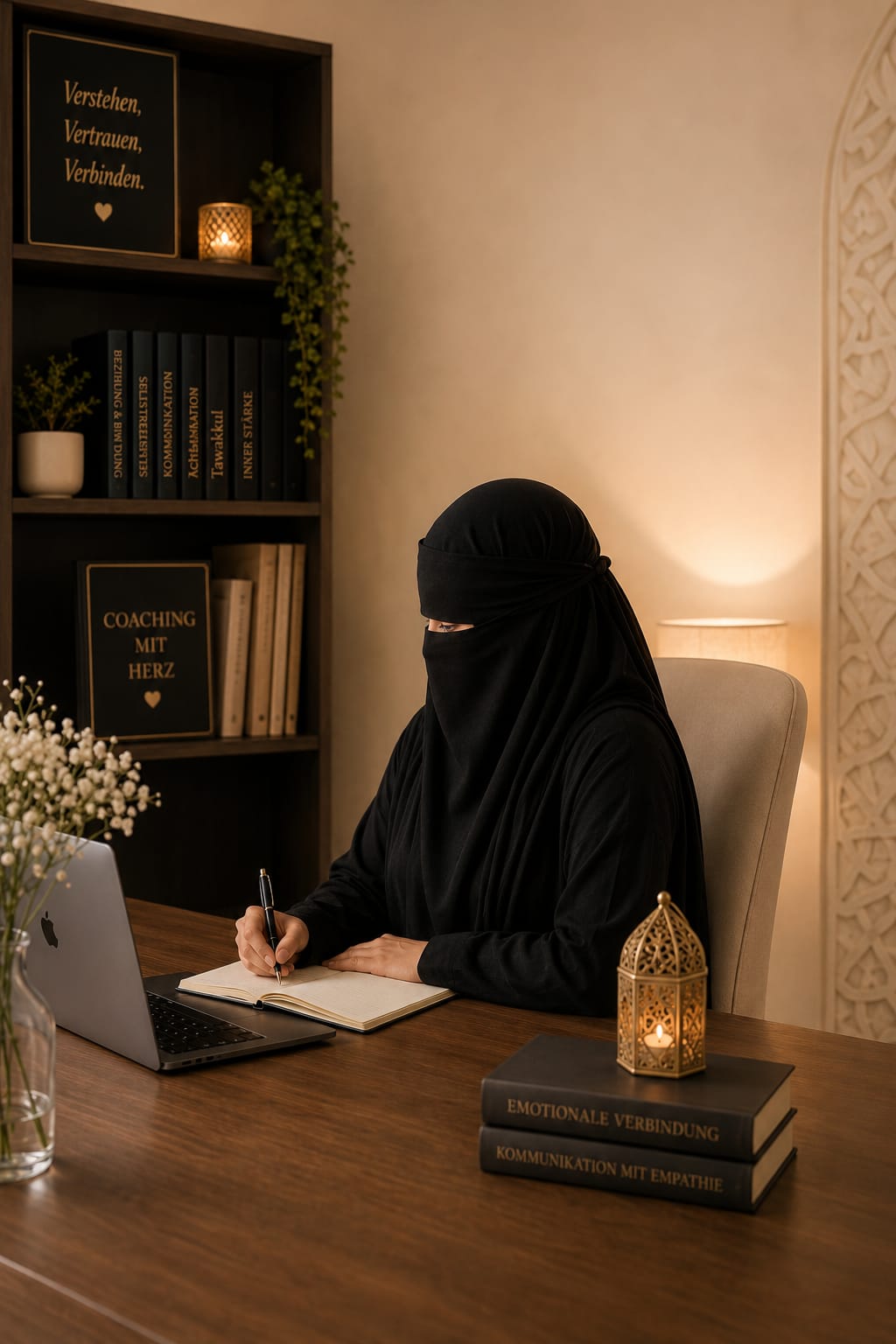 Jalilah in ihrem Homeoffice mit Notizbuch und Laptop